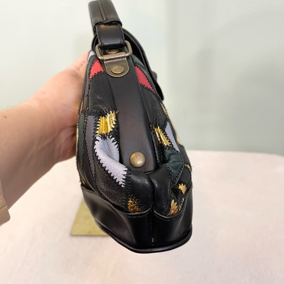 Vintage Patchwork Handbag Black Purse Art Deco Genuine Leather Mobwife Handcarry - Picture 5 of 8